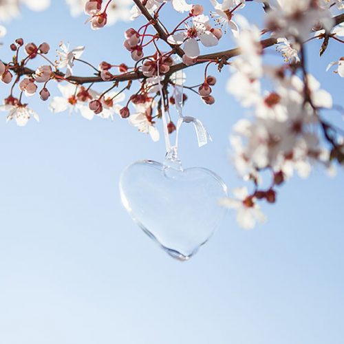 Confezione 12 cuori in vetro trasparente con nastro