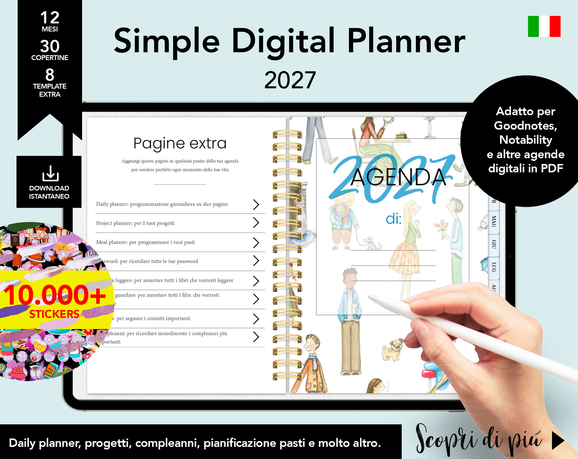 Agenda Ipad 2027 in Italiano per Goodnotes, Notability e altre App di appunti,  Notability planner italiano, agenda settimanale digitale 2027, Digital Planner